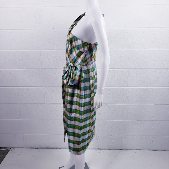 J Crew One Shoulder Sheath Dress Bow Faux Wrap Green Plaid Silk Blend Size 14 - Picture 4 of 11